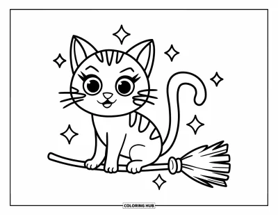 Coloriage de chat d'Halloween pour enfants : Un chat joyeux sur un balai est entouré d'éclats de magie scintillants