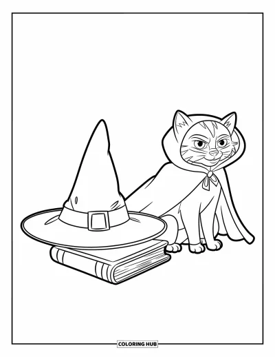 Coloriage de chat d'Halloween pour enfants : Un chat encapuchonné est assis à côté d'un chapeau de sorcière et d'un grimoire posés par terre