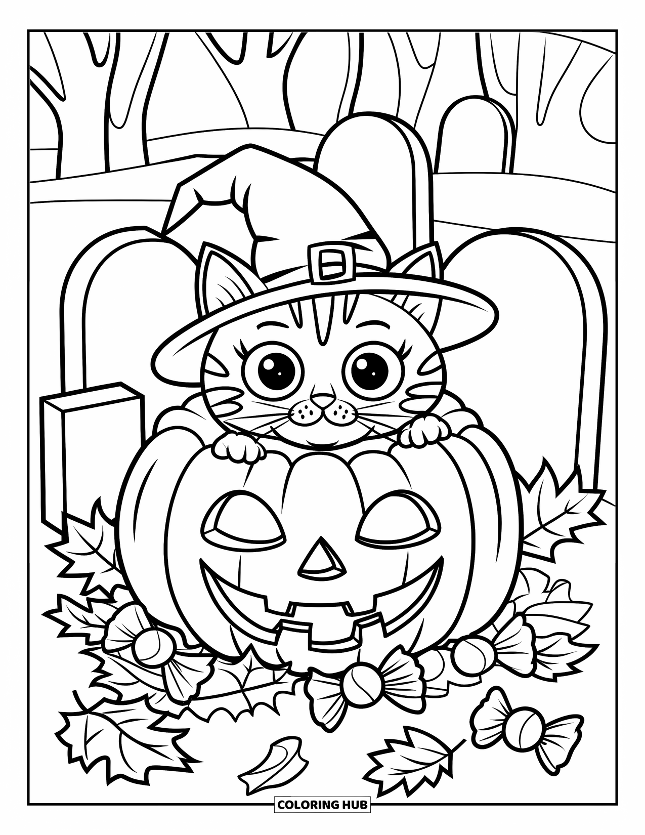 Halloween Cat Coloring Page for Kids: A costumed cat peeks out of autumn leaves near candy and spooky tombstones