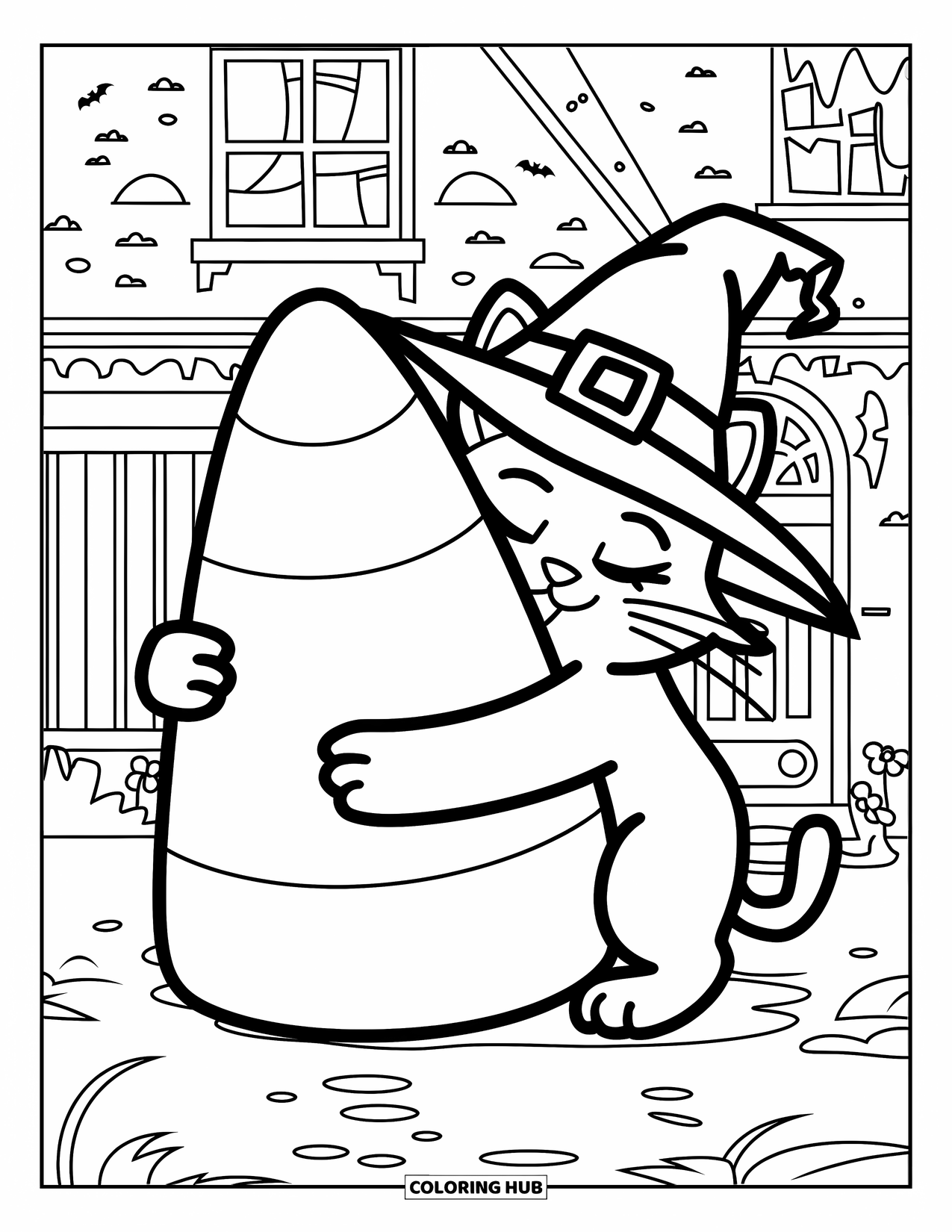 Halloween Cat Coloring Page for Kids: A cozy cat in a witch hat hugs a candy corn beside a haunted house