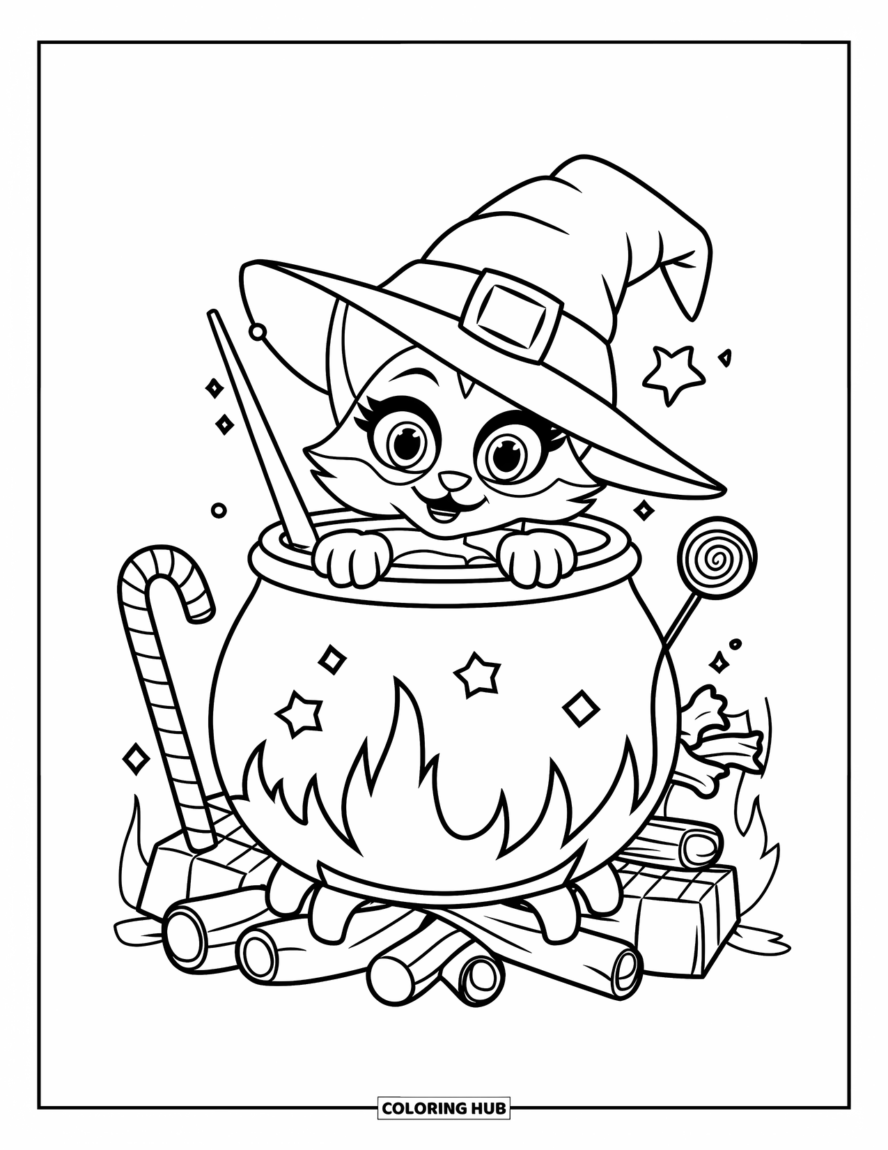 Halloween Cat Coloring Page for Kids: A curious cat in a wizard hat peeks into a bubbling cauldron with candy