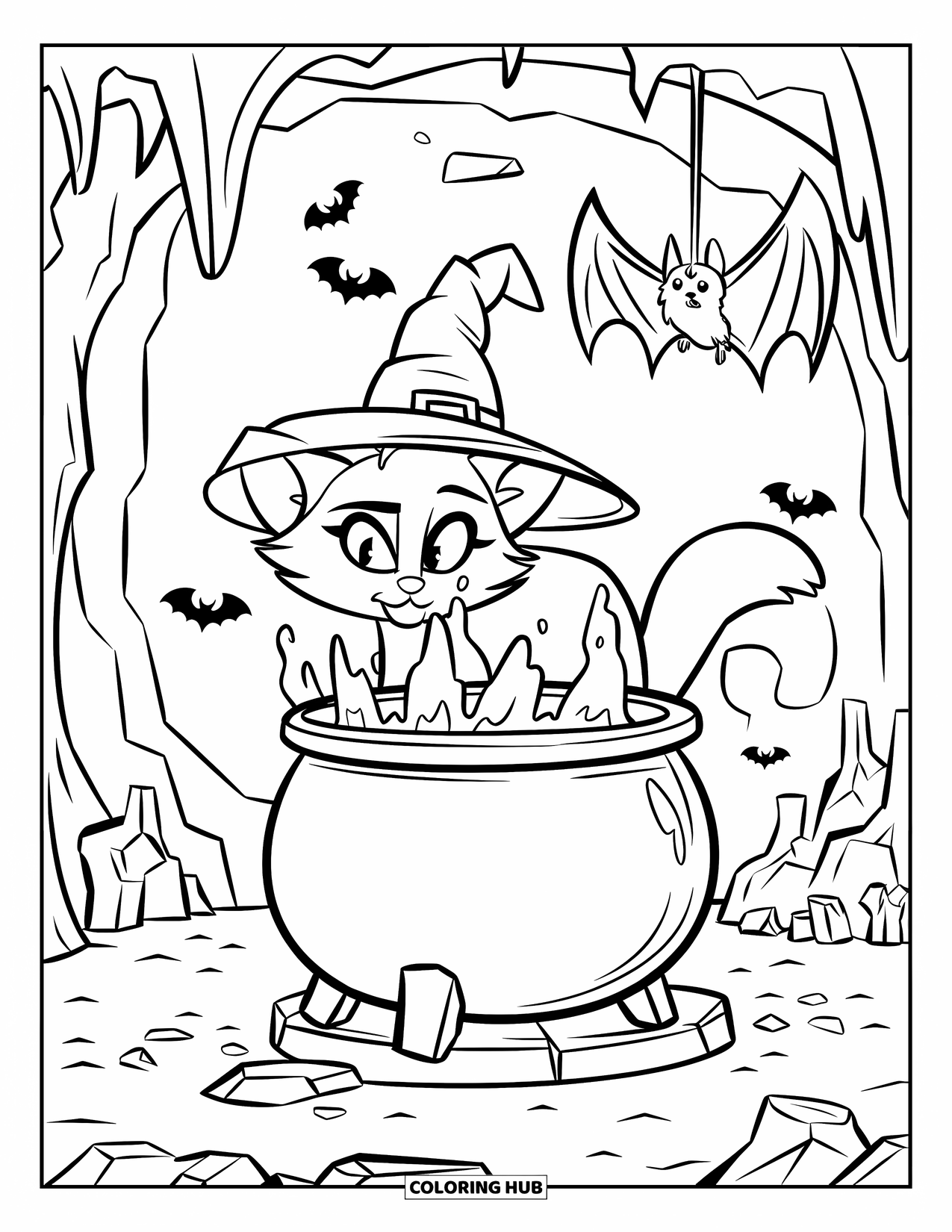Halloween Cat Coloring Page for Kids: A curious cat with a pointy hat explores a bubbling cauldron in a spooky cave