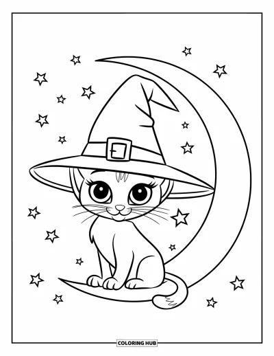 Coloriage de chat d'Halloween pour enfants : Un mignon chat avec un chapeau de sorcière est assis à côté d'un croissant de lune sous un ciel étoilé
