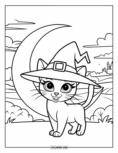 Coloriage de chat d'Halloween pour enfants : Un mignon chat aux oreilles pointues se tient à côté d'un croissant de lune dans un paysage féerique
