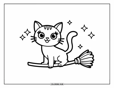 Coloriage de chat d'Halloween pour enfants : Un mignon chat avec des étoiles scintillantes flotte sur un balai dans les airs