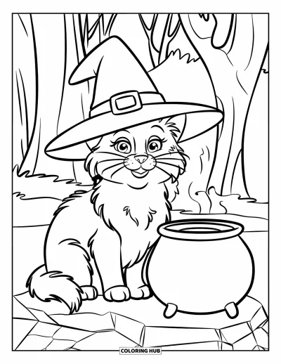 Coloriage de chat d'Halloween pour enfants : Un chat duveteux avec un chapeau de sorcière est assis près d'un simple chaudron dans les bois
