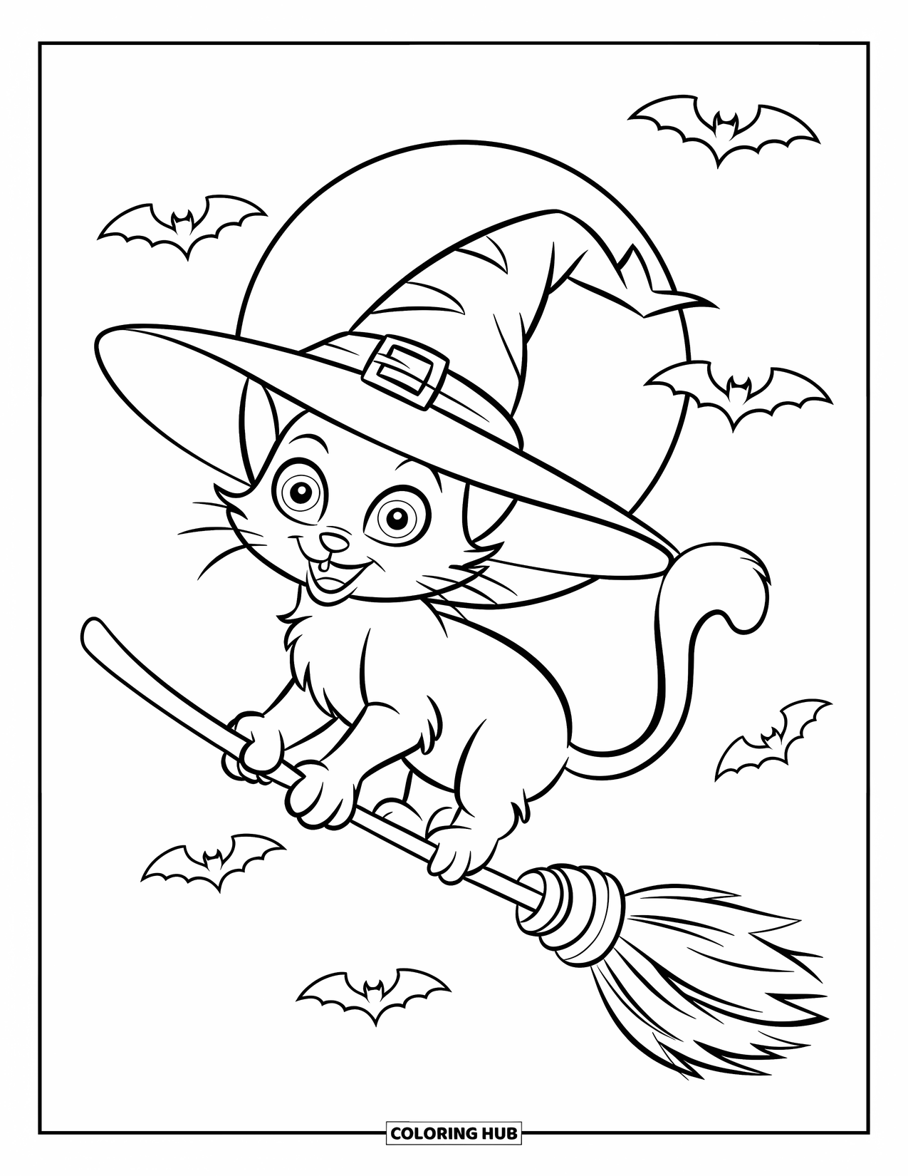 Halloween Cat Coloring Page for Kids: A flying cat in a witch hat rides past bats and a glowing moon