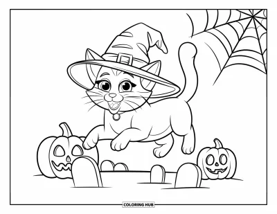 Coloriage de chat d'Halloween pour enfants : Un chat souriant saute par-dessus des pierres tombales avec des citrouilles et des toiles d'araignée dans la scène