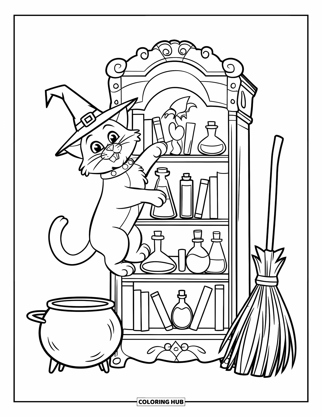 Halloween Cat Coloring Page for Kids: A Halloween cat climbs a shelf filled with potions, near a cauldron and broomstick