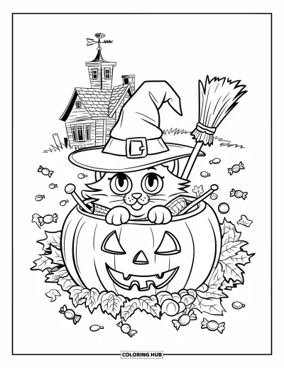 Coloriage de chat d'Halloween pour enfants : Un chat d'Halloween se cache dans un tas de feuilles avec des bonbons près d'une maison hantée