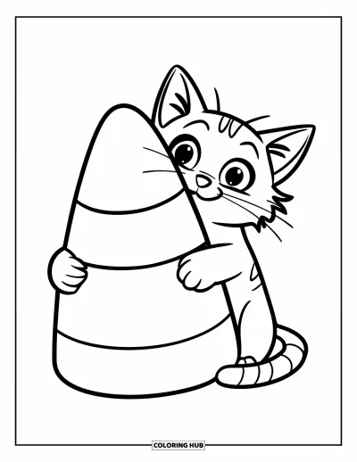 Coloriage de chat d'Halloween pour enfants : Un chat d'Halloween serre dans ses pattes un grand bonbon en forme de maïs avec un air heureux