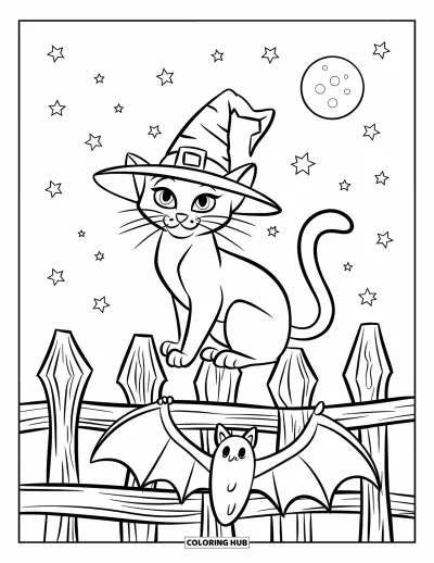 Coloriage de chat d'Halloween pour enfants : Un chat d'Halloween avec un chapeau est perché sur une clôture en forme de chauve-souris