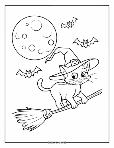 Coloriage de chat d'Halloween pour enfants : Un chat d'Halloween avec un chapeau de sorcière passe devant la lune avec des chauves-souris à proximité