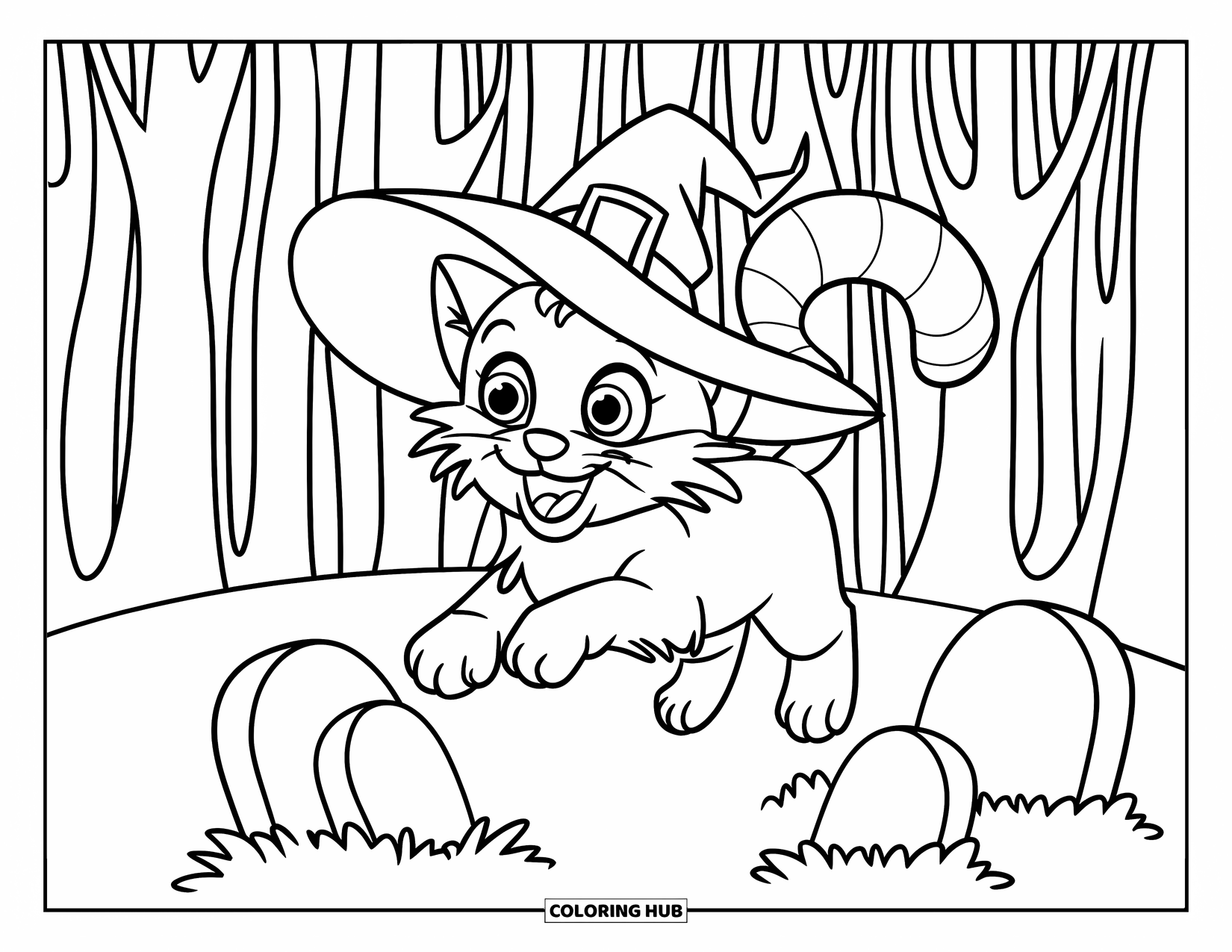 Halloween Cat Coloring Page for Kids: A happy cat wearing a witch hat leaps across gravestones in a haunted forest