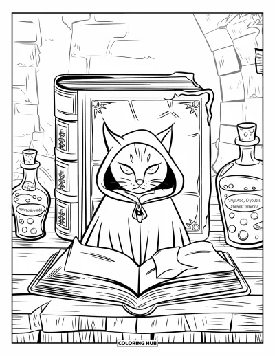 Coloriage de chat d'Halloween pour enfants : Un chat encapuchonné étudie un vieux grimoire et des fioles de potions étiquetées à côté d'une torche allumée
