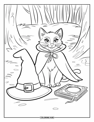 Coloriage de chat d'Halloween pour enfants : Un chat à l'allure enchanteresse se repose près d'un chapeau de sorcière et d'un grimoire dans la forêt