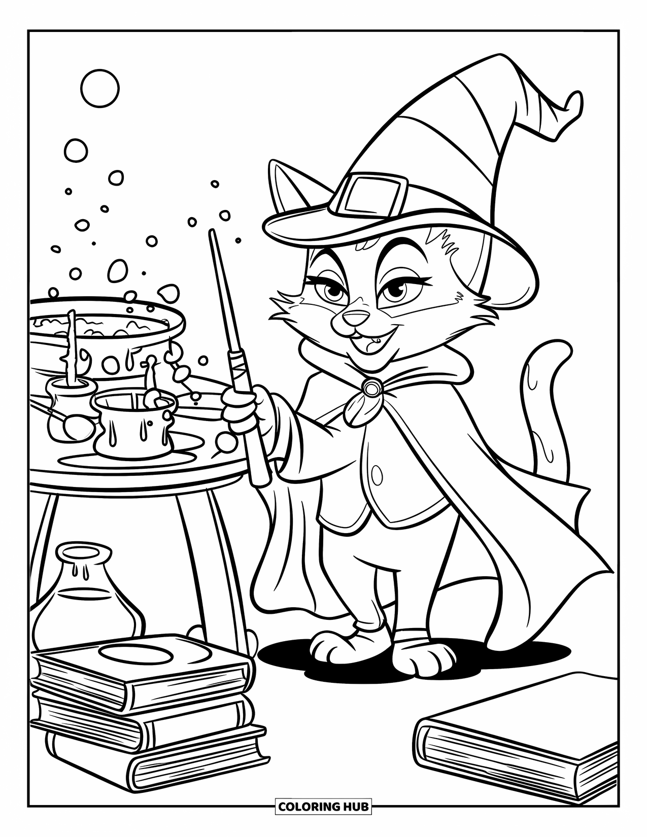 Halloween Cat Coloring Page for Kids: A magician cat with a wand stands by a bubbling potion table with scattered books