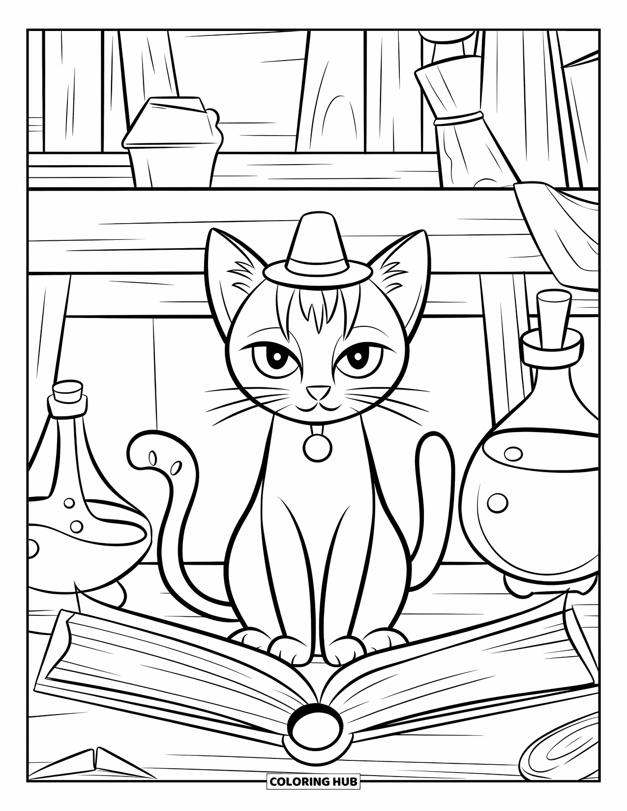 Halloween Cat Coloring Page for Kids: A mysterious cat in a tiny hat sits by a spellbook and potion bottles