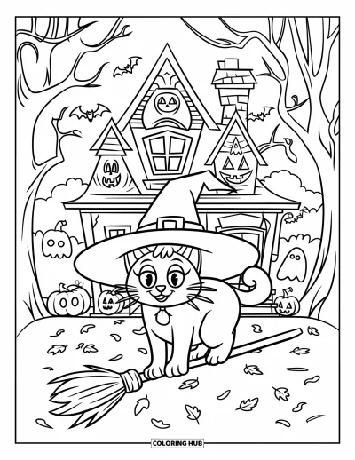 Coloriage de chat d'Halloween pour enfants : Un chat espiègle sur un balai est assis près d'une maison hantée avec des fantômes et des citrouilles