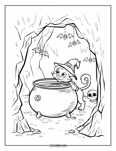 Coloriage de chat d'Halloween pour enfants : Un chat avec un chapeau pointu explore une grotte rocheuse avec des chauves-souris et un chaudron bouillonnant