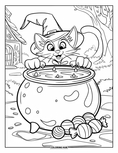 Coloriage de chat d'Halloween pour enfants : Un chat avec un chapeau pointu se tient sur un rocher et regarde dans un chaudron rempli de bonbons
