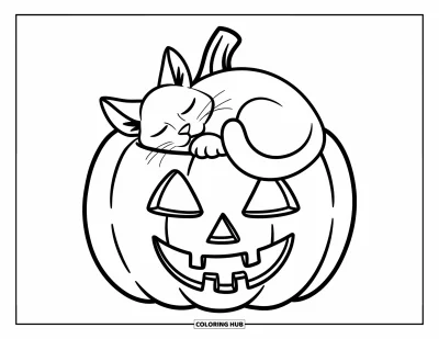 Coloriage de chat d'Halloween pour enfants : Un chat détendu se blottit à l'intérieur d'une grande citrouille creuse souriante