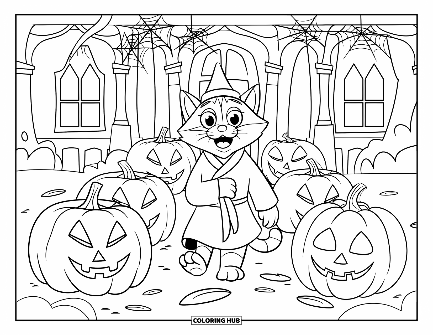 Halloween Cat Coloring Page for Kids: A robed cat walks past jack-o'-lanterns toward a haunted house with cobwebbed arches