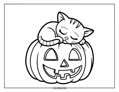 Coloriage de chat d'Halloween pour enfants : Un chat endormi se love sur une citrouille, les yeux fermés