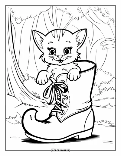 Coloriage de chat d'Halloween pour enfants : Un petit chat émerge d'une botte de sorcière ornée d'un ruban dans la forêt