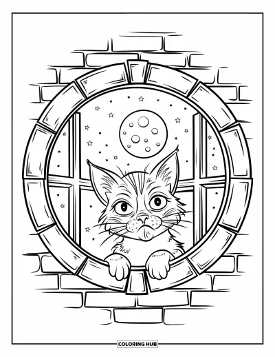 Coloriage de chat d'Halloween pour enfants : Un chat à l'air mystérieux observe la lune à travers une fenêtre ronde dans un mur de briques