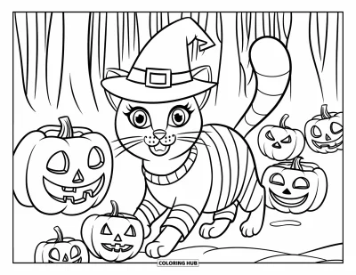 Coloriage de chat d'Halloween pour enfants : Un chat rayé avec un chapeau de sorcière se promène parmi des jack-o'-lanterns flottants dans une forêt sombre
