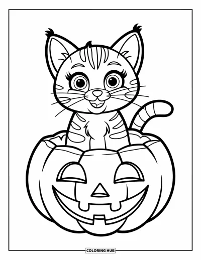 Coloriage de chat d'Halloween pour enfants : Un chat rayé aux oreilles pointues est assis dans une citrouille souriante avec un grand sourire