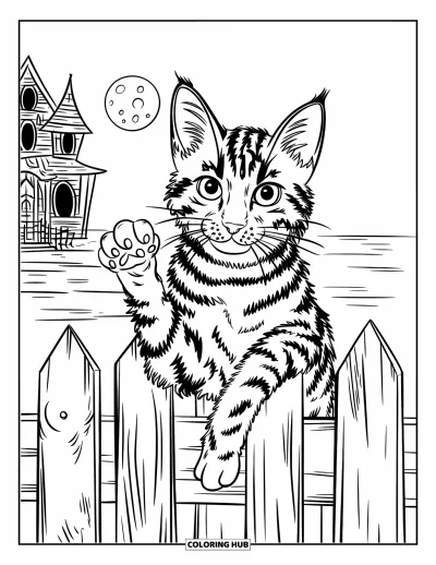 Coloriage de chat d'Halloween pour enfants : Un chat rayé d'Halloween lève la patte tout en étant perché sur une clôture en bois au bord de la mer