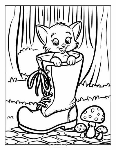 Coloriage de chat d'Halloween pour enfants : Un petit chat émerge d'une botte de sorcière entourée de champignons dans une forêt sombre