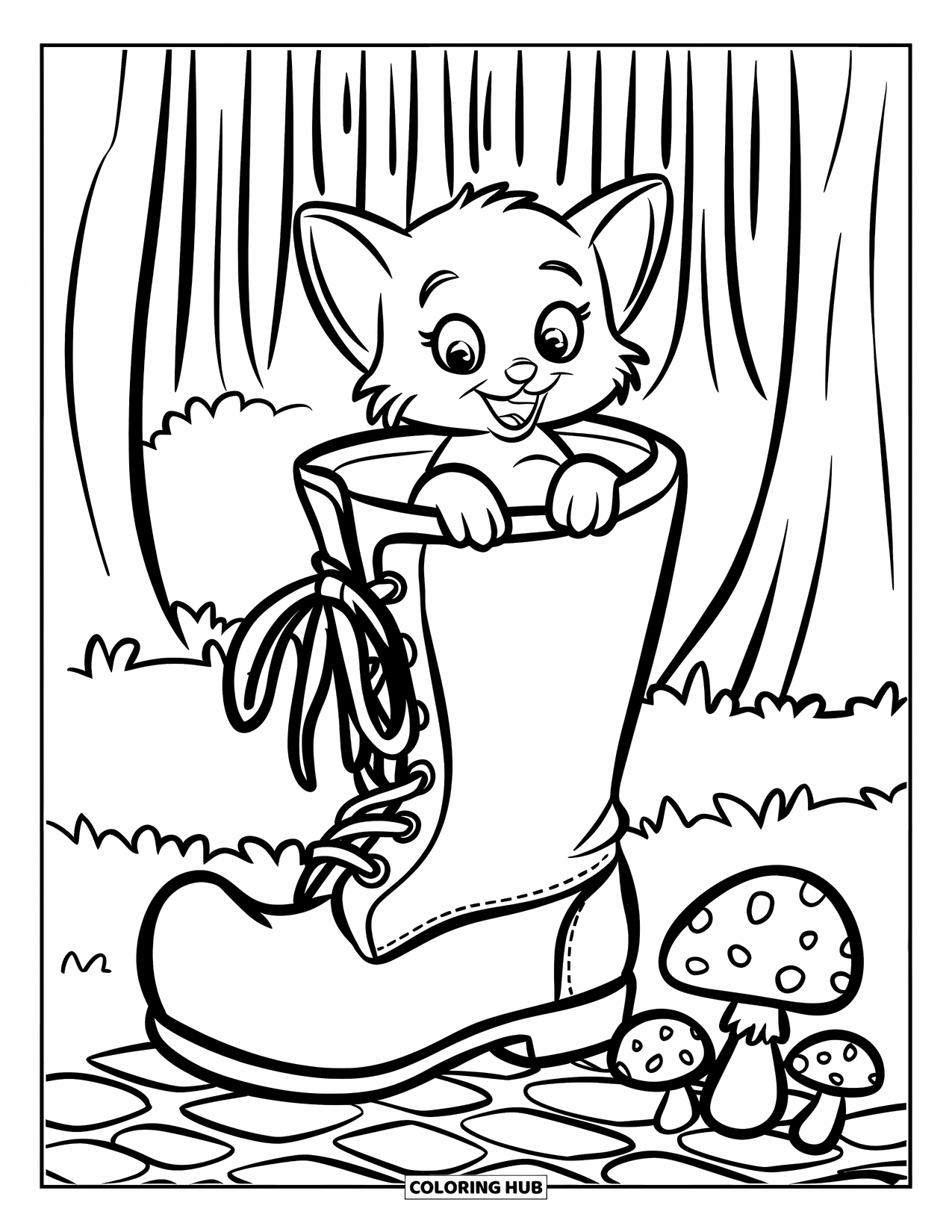 Halloween Cat Coloring Page for Kids: A tiny cat peeks from a witch boot surrounded by mushrooms in a dark forest