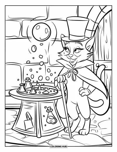 Coloriage de chat d'Halloween pour enfants : Un chat avec un chapeau haut-de-forme se tient près d'une table de potions avec un orbe flottant au-dessus