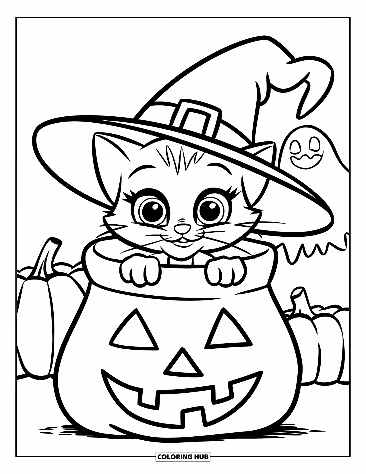 Halloween Cat Coloring Page for Kids: A wide-eyed cat in a witch hat peeks from a Halloween treat bag with pumpkins nearby