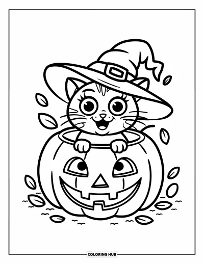 Coloriage de chat d'Halloween pour enfants : Un chat aux grands yeux avec un chapeau de sorcière est assis à l'intérieur d'une citrouille souriante entourée de feuilles