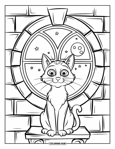 Coloriage de chat d'Halloween pour enfants : Un chat aux grands yeux est assis sur un piédestal et contemple la lune à travers une fenêtre gothique