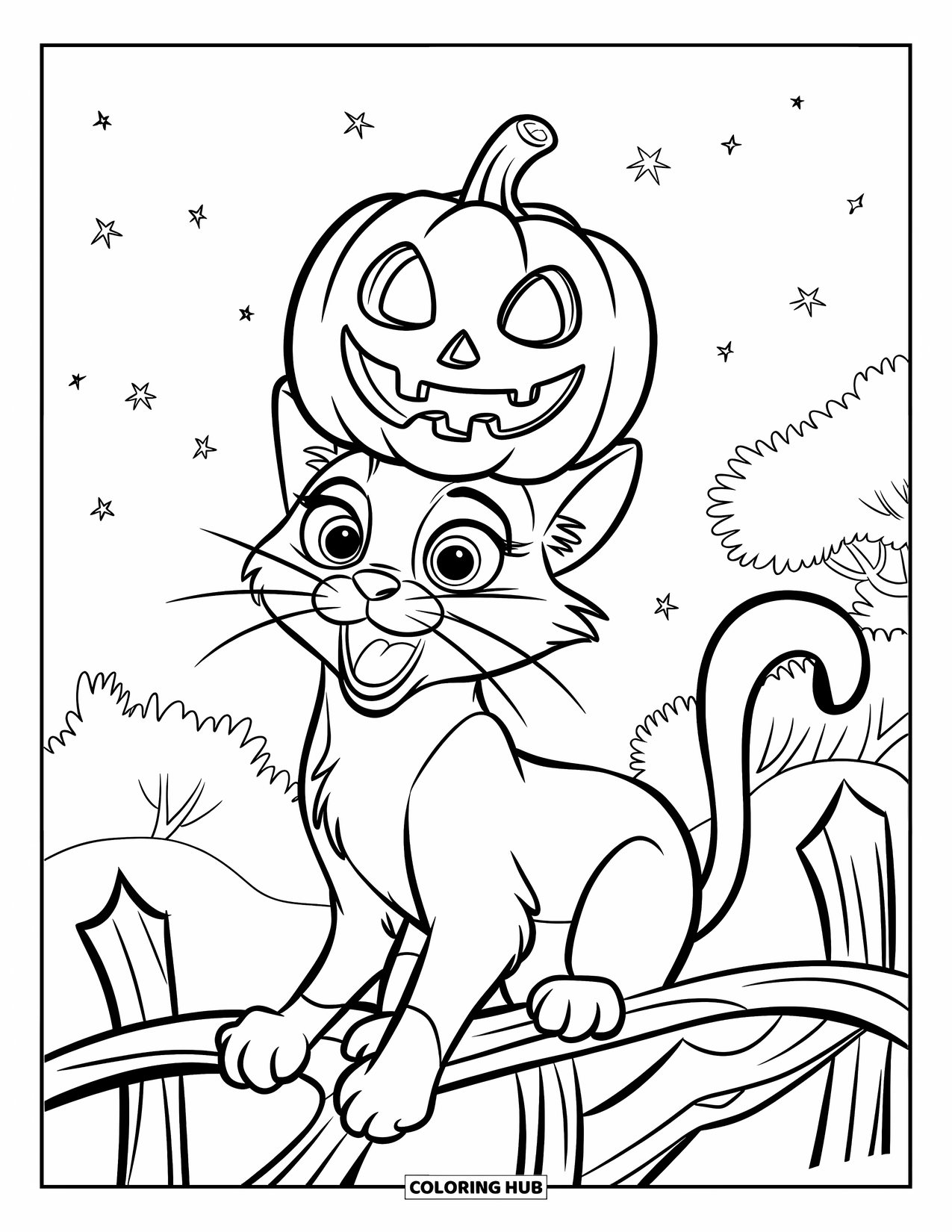 Halloween Cat Coloring Page for Kids: A wide-eyed cat with a pumpkin head sits on a twisted fence at night