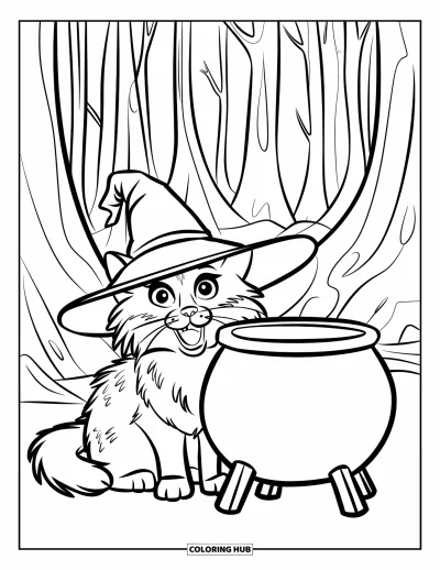Coloriage de chat d'Halloween pour enfants : Un chat aux grands yeux et au pelage duveteux fixe un chaudron dans une forêt haute et silencieuse