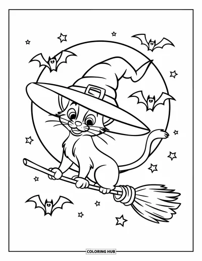 Coloriage de chat d'Halloween pour enfants : Un chat avec un chapeau de sorcière vole dans un ciel étoilé parmi des chauves-souris et une pleine lune