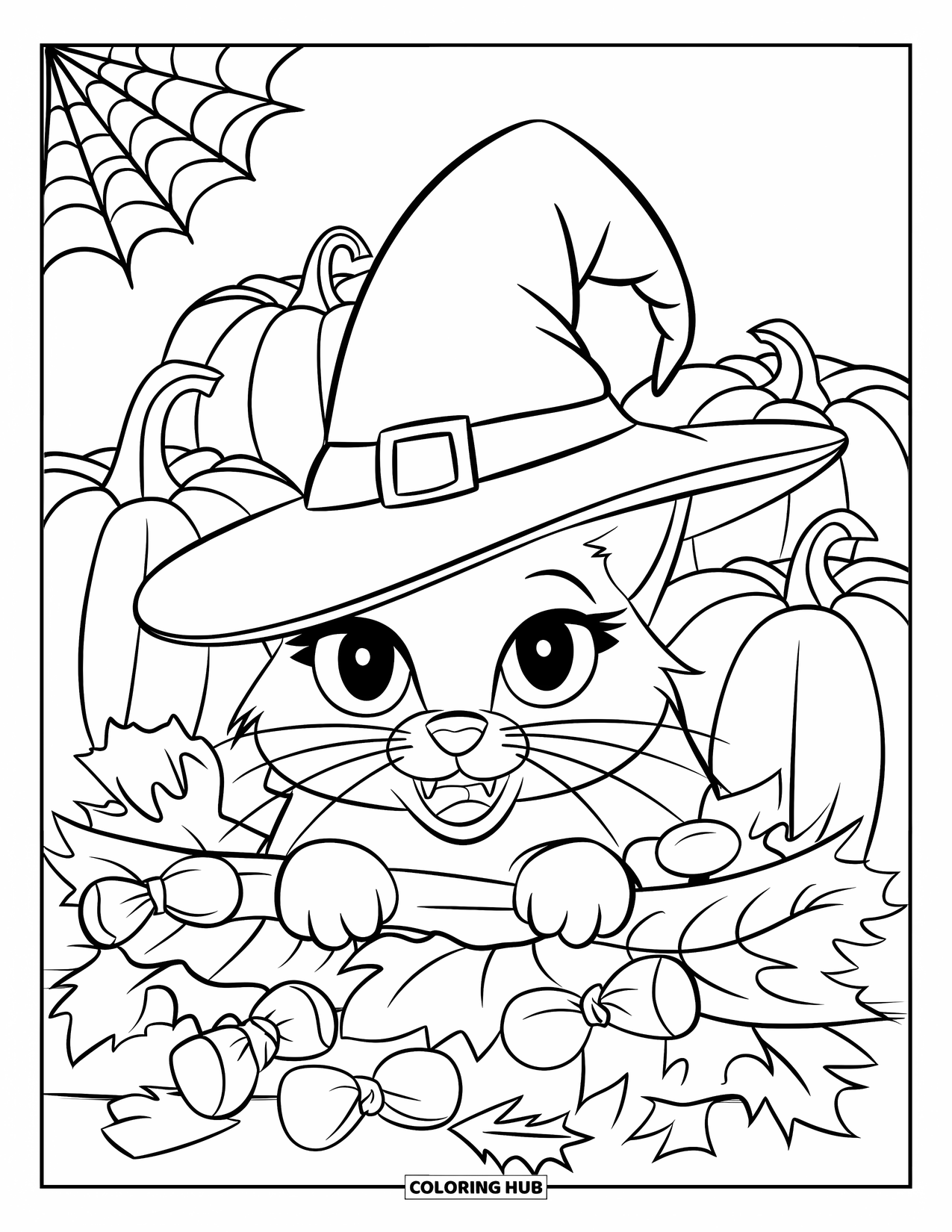 Halloween Cat Coloring Page for Kids: A witch-hat cat hides under leaves and wrappers with pumpkins and webs around