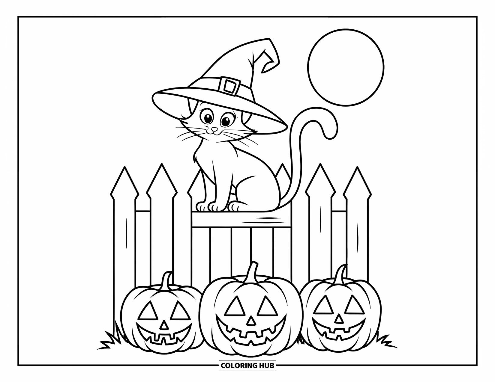 Halloween Cat Coloring Page for Kids: A witch-hat cat sits above spooky jack-o'-lanterns under the full moon