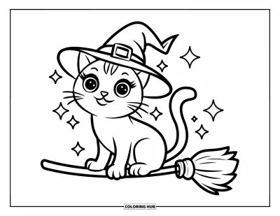 Coloriage de chat d'Halloween pour enfants : Un chat avec un chapeau de sorcière scintille en étant assis sur un balai