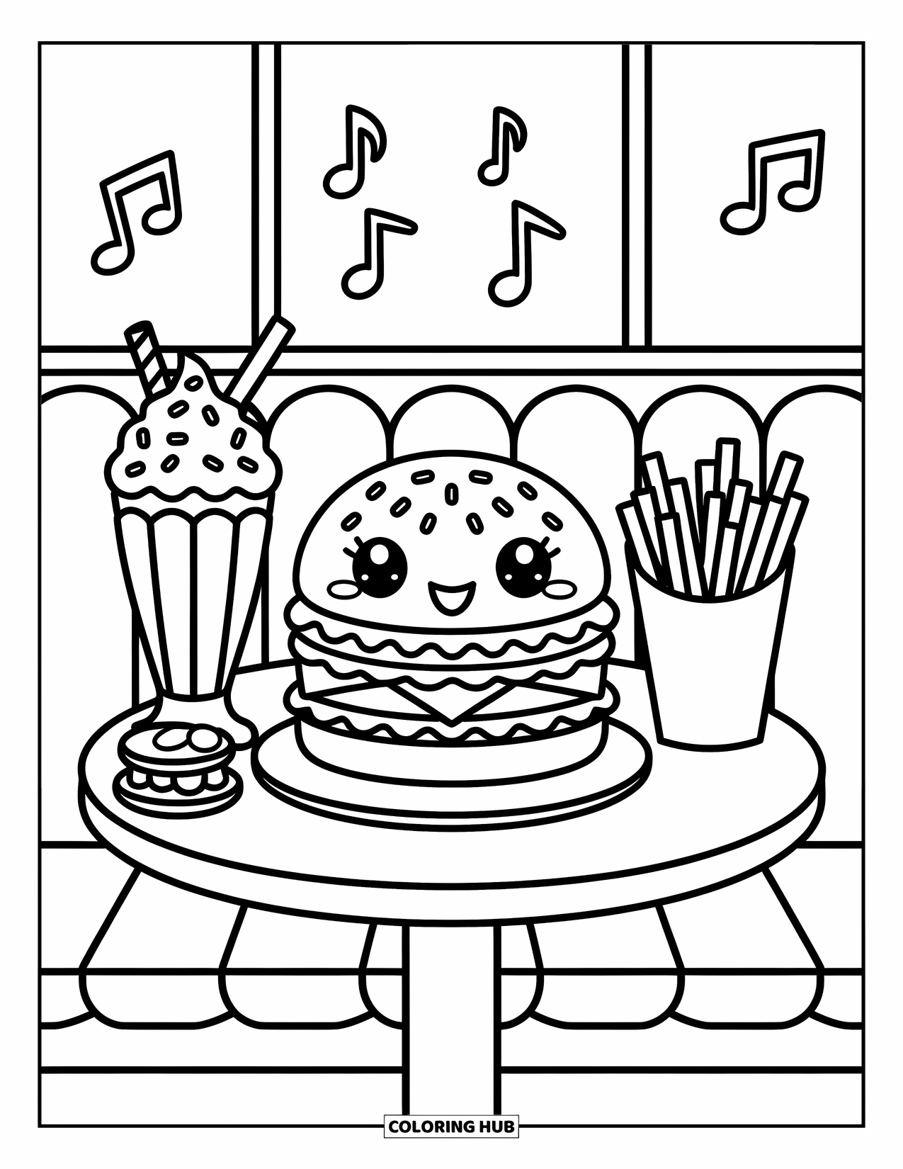 Hamburger Coloring Page for Adults: Burger and food friends sit at a round table in a fun retro diner setting