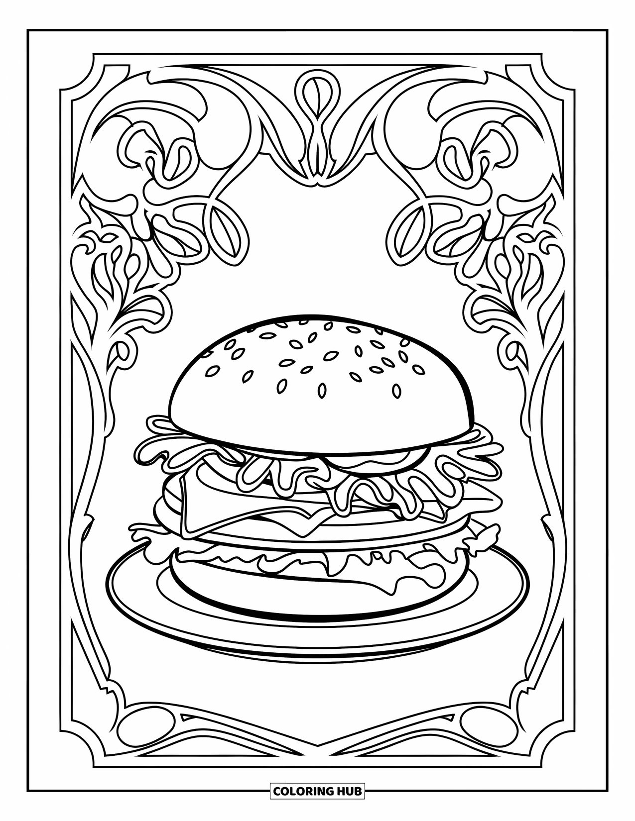 Hamburger Coloring Page for Adults: Burger with floral vines and art nouveau-style framing