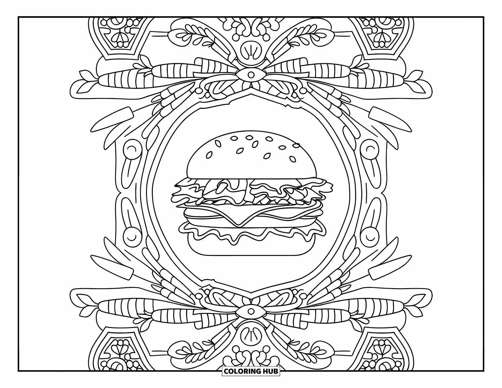 Hamburger Coloring Page for Adults: Burger with veggies and patterns in a detailed decorative border