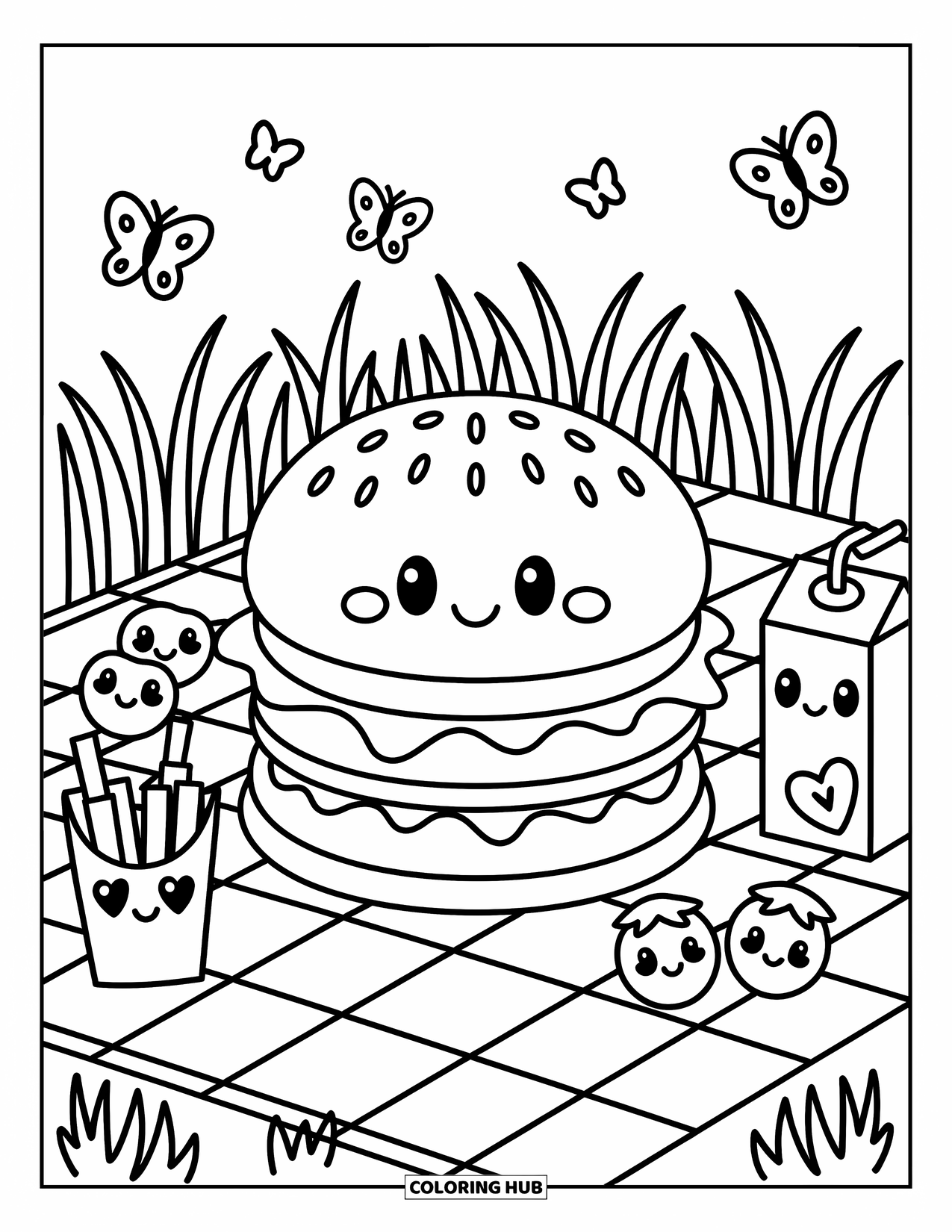 Hamburger Coloring Page for Adults: Cheerful hamburger at a picnic with juice, fries, and smiling fruit friends
