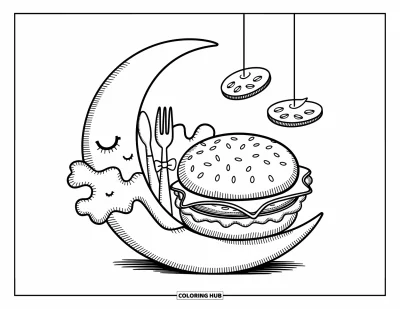 어른을 위한 햄버거 색칠공부: 위에 토마토와 치즈 모빌이 달린 초승달 접시에서 낮잠 자는 아늑한 햄버거